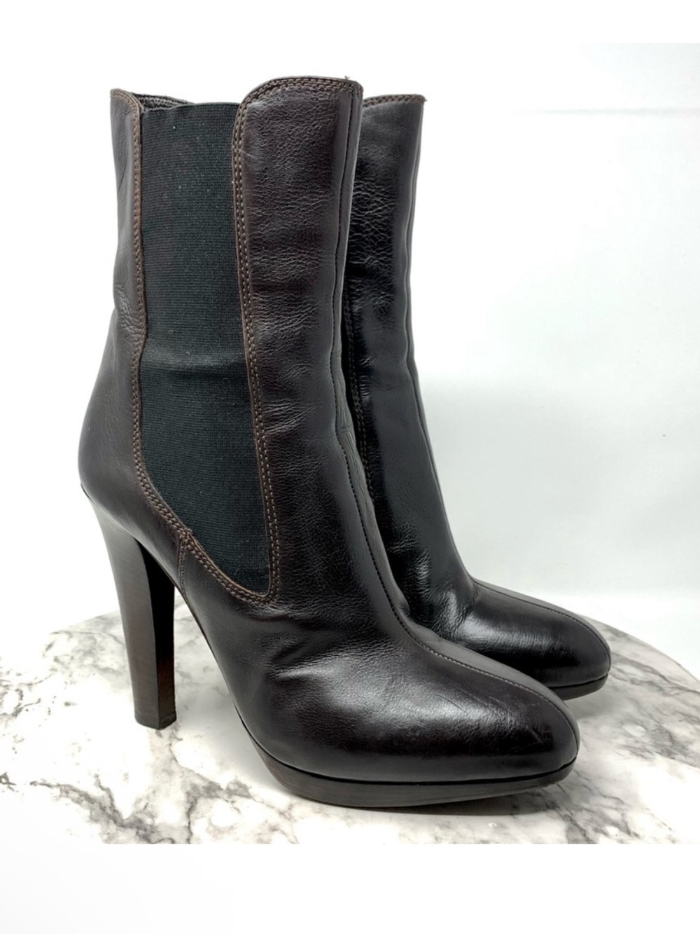 MIU MIU Brown Leather Platform Chelsea Boots 37.5 Coquette Girl Academia